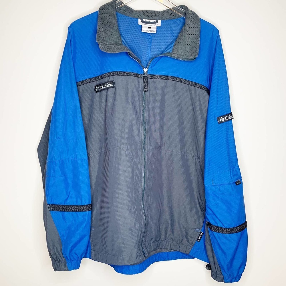 COLUMBIA‎ Vintage Blue Gray Packable Full Zip Windbreaker Jacket Large Mens VTG